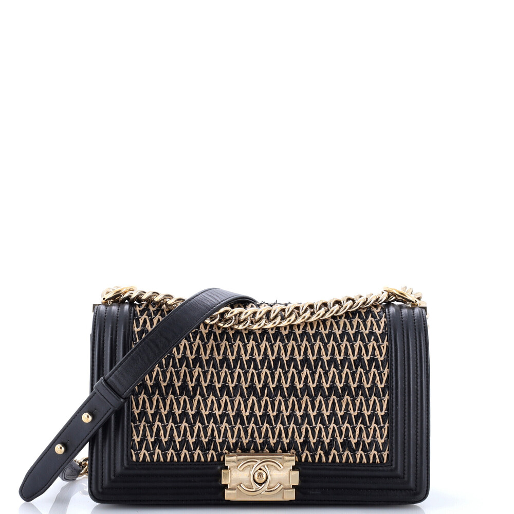 Chanel Old Medium Boy Flap Bag Chevron Woven Raffia and Leather